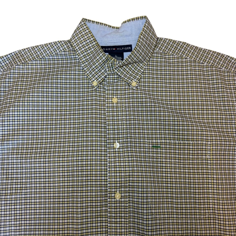 Tommy Hilfiger Mens Large Yellow Navy Blue Plaid Short Sleeve Button Down Shirt